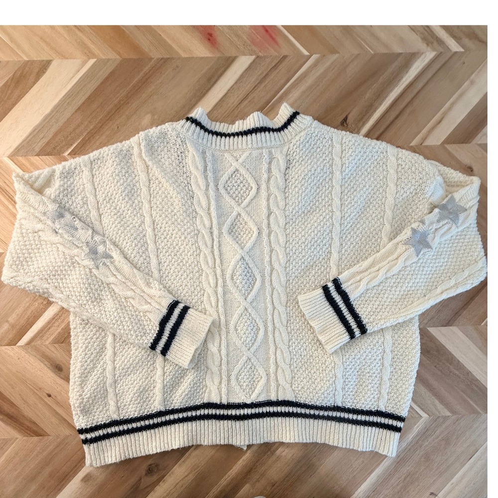 Cream/Black Fisherman Chunky Oversized Cable Knit Star Cardigan Sweater Women XS - Picture 2 of 7